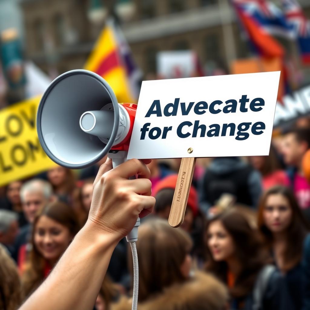 Volunteer holding a megaphone and advocacy sign at a rally