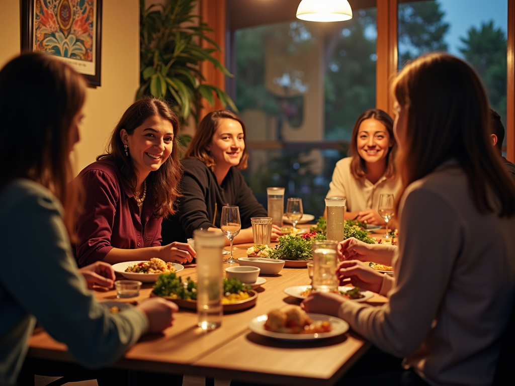 Volunteers bonding over a meal after work