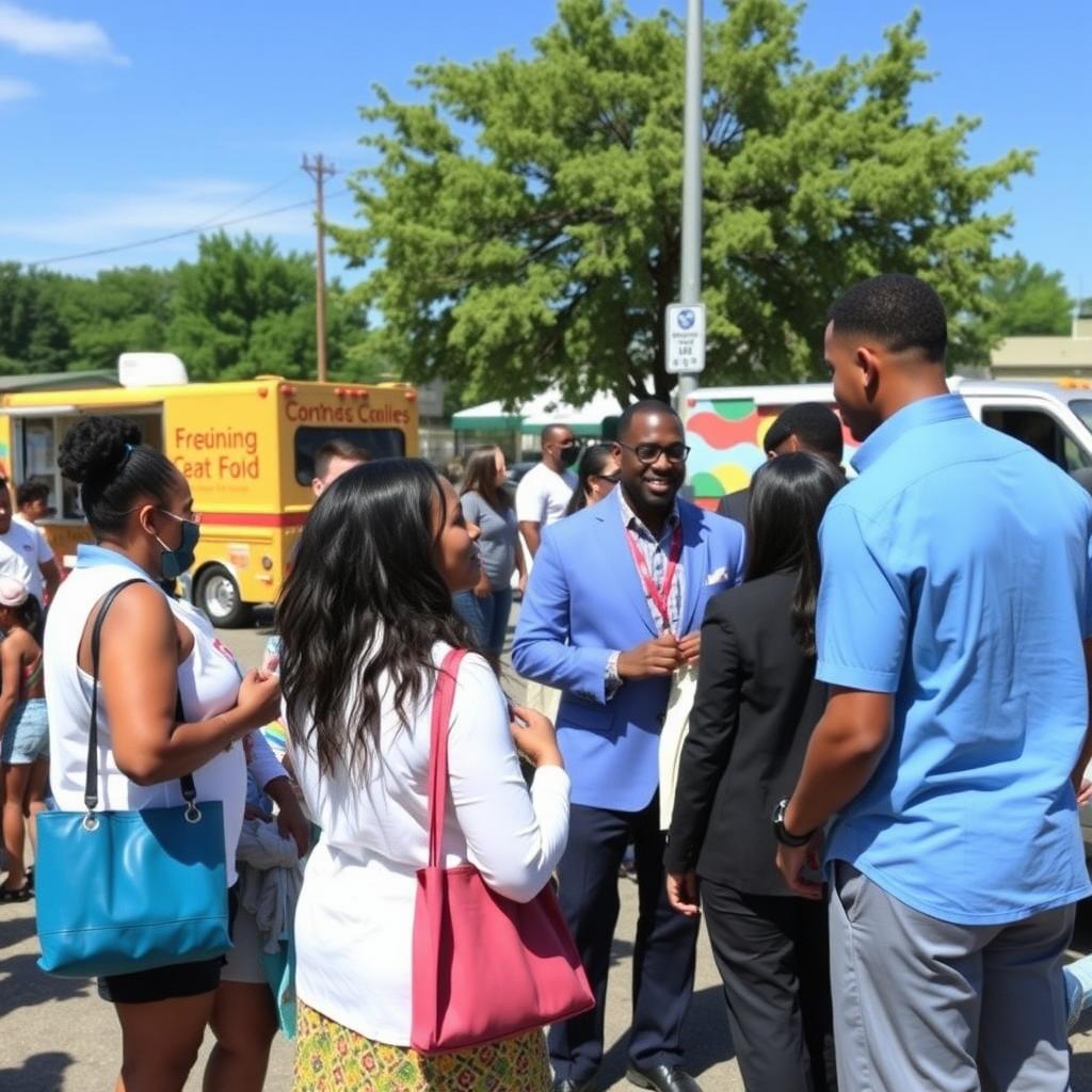 Professionals and community members at a lively outdoor volunteering event.