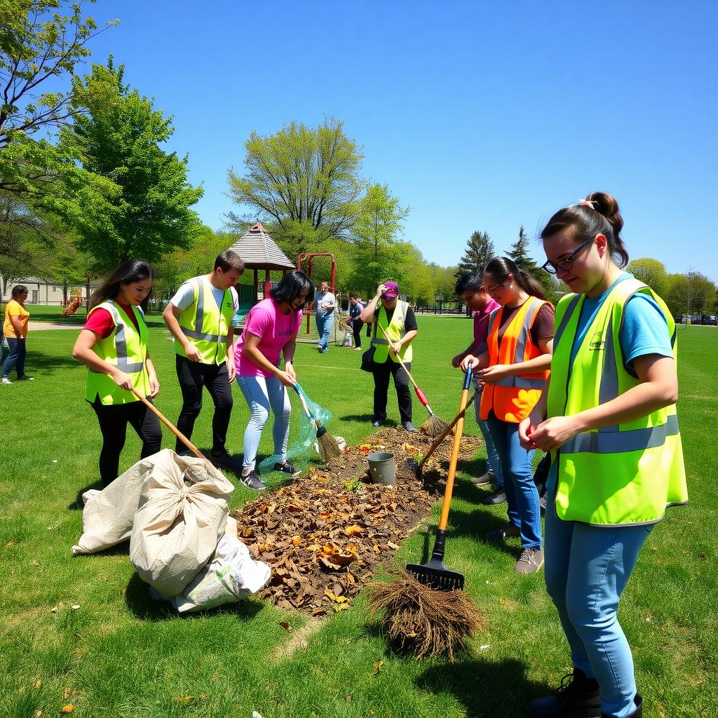 Volunteers in bright vests cleaning a park, picking up trash and planting flowers under a clear blue sky.