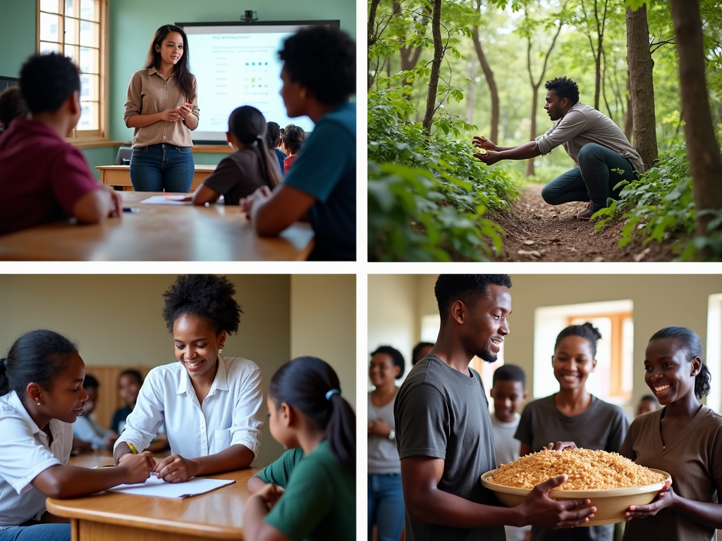 Various volunteering activities: teaching, conservation, healthcare, and food distribution