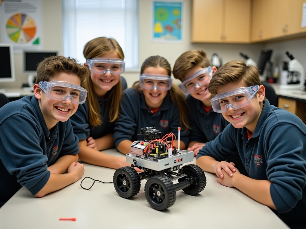 Students building a robot for a STEM service learning project