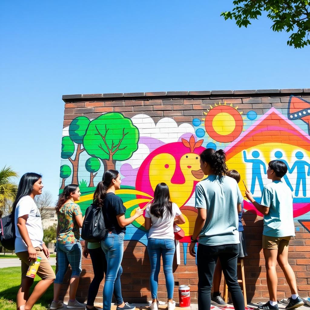 Teens painting a vibrant community mural in a park.