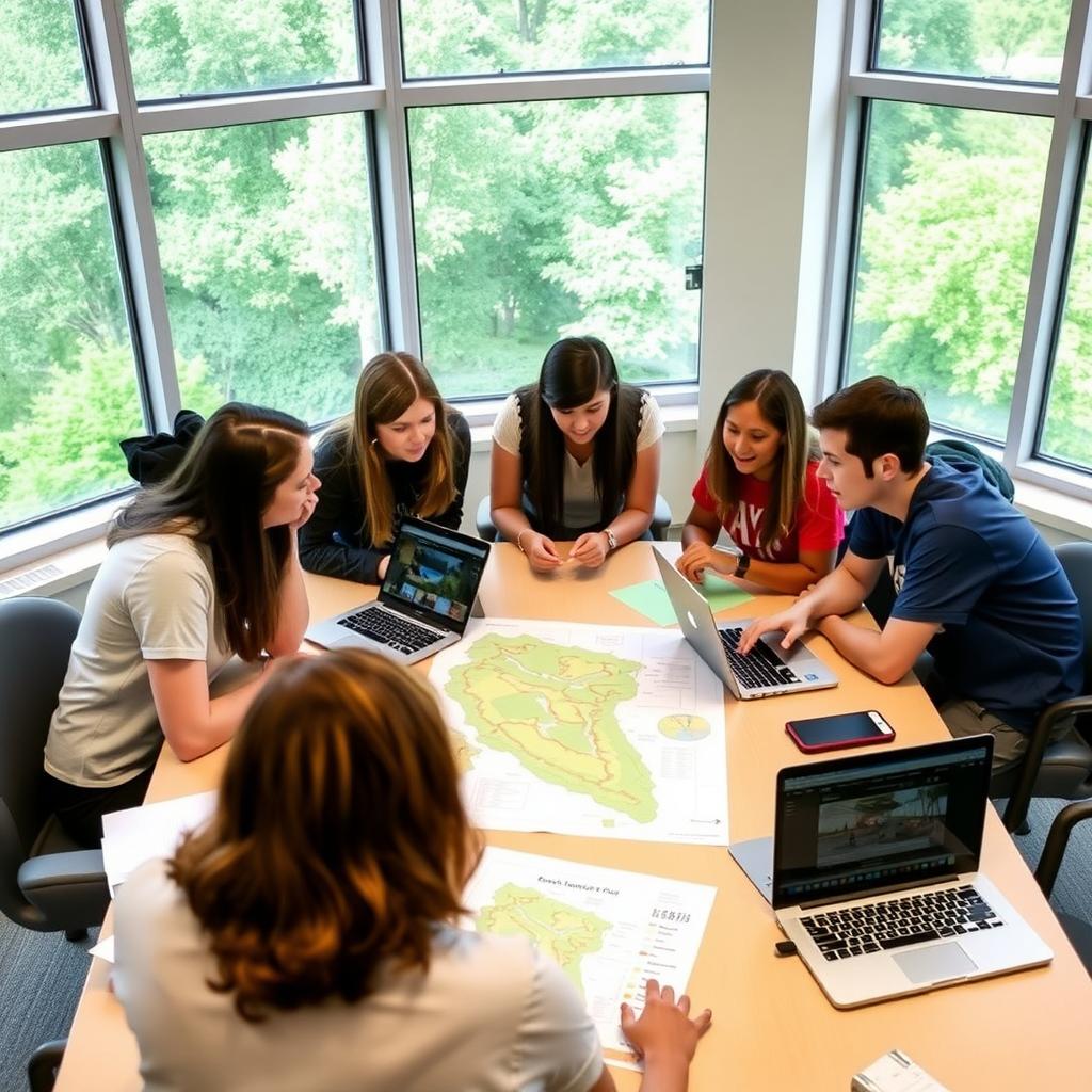 College students discussing a service learning project in a bright classroom.