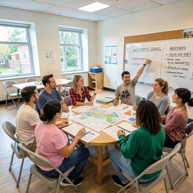 A vibrant community group brainstorming advocacy strategies