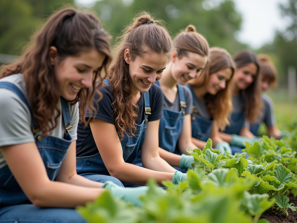 College students volunteering in a community garden, demonstrating teamwork and personal growth.