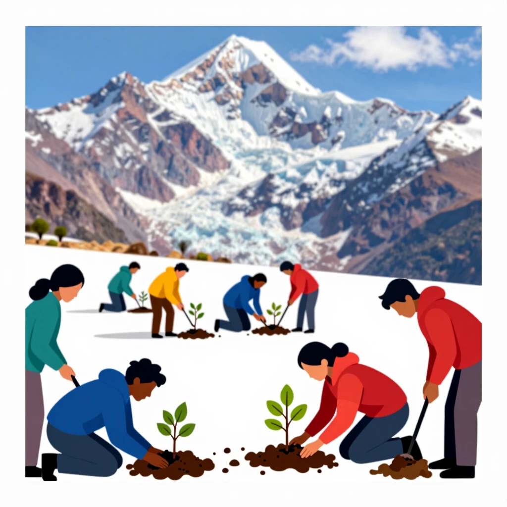 Volunteers planting trees in Peru with Andean mountains backdrop