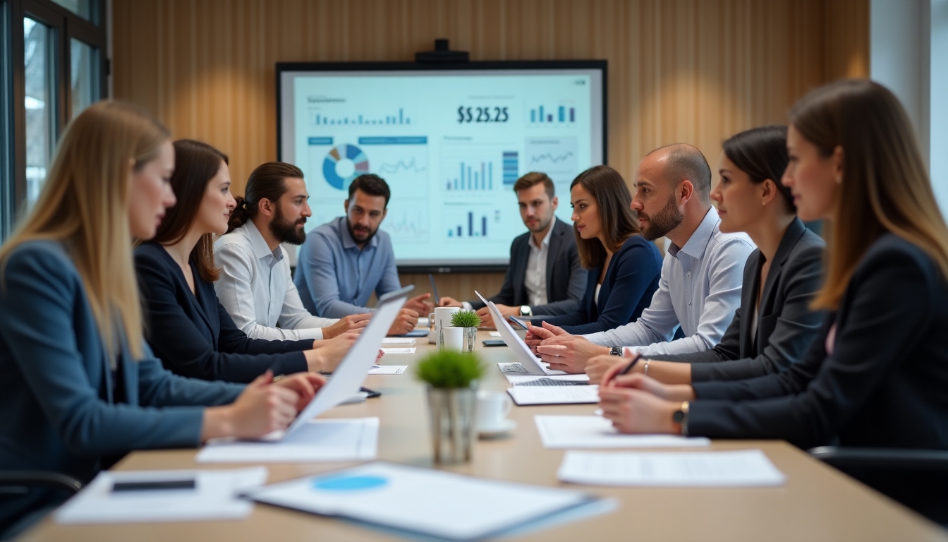 A diverse group of board members reviewing financial reports during a meeting, exhibiting diversity and collaboration.