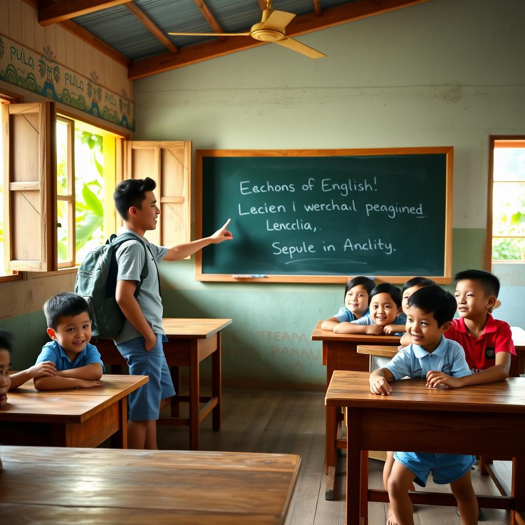 College student teaching English to children in a colorful rural Southeast Asian classroom.