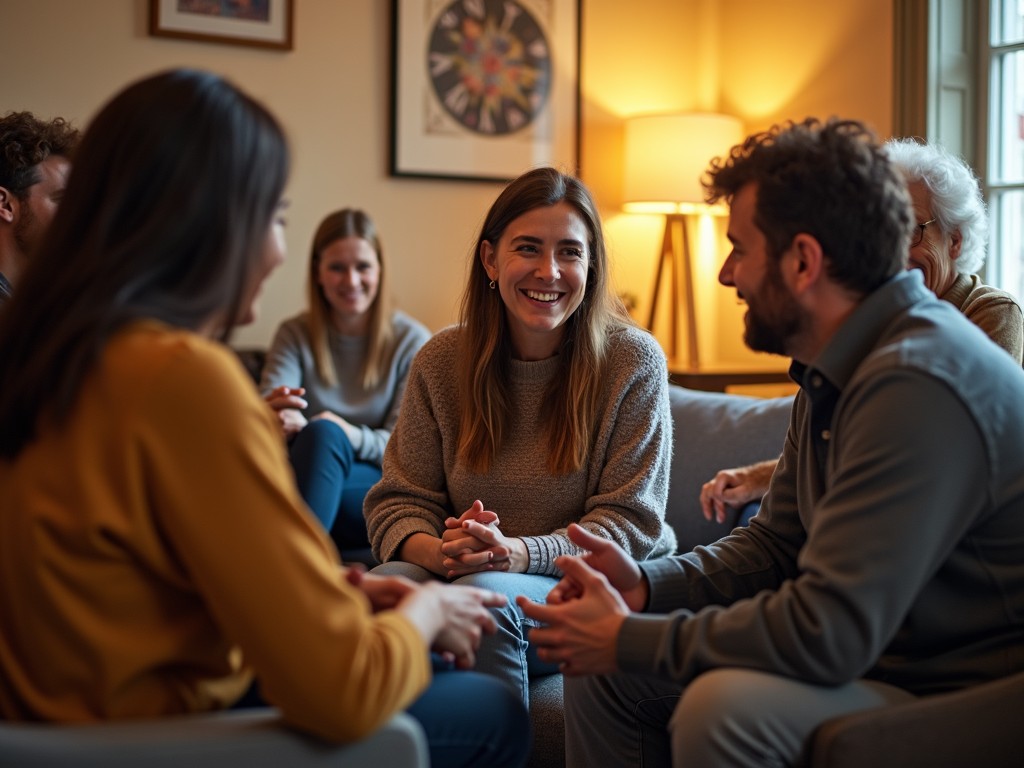Volunteers sitting in a circle engaged in a heartfelt conversation.