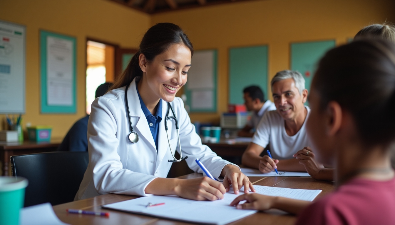 A healthcare volunteer reviewing medical records with a local doctor in a rural clinic.