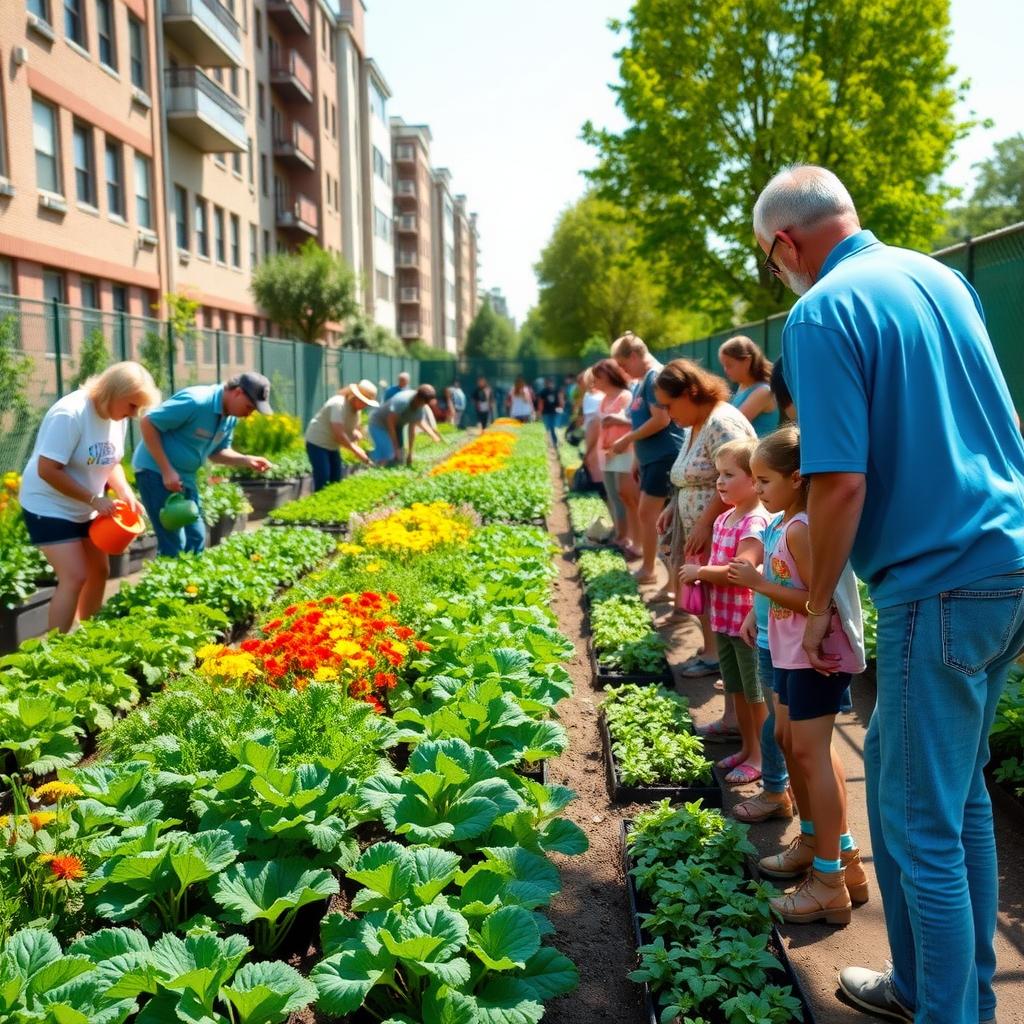 Volunteers tending a thriving community garden with vegetables and flowers under a sunny sky.