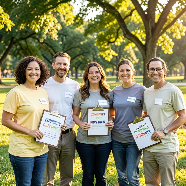 Diverse group of volunteer advocates collaborating outdoors