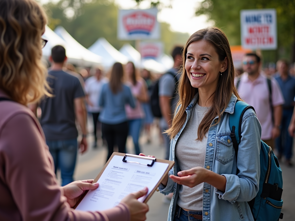 Volunteer distributing a survey at a campaign event