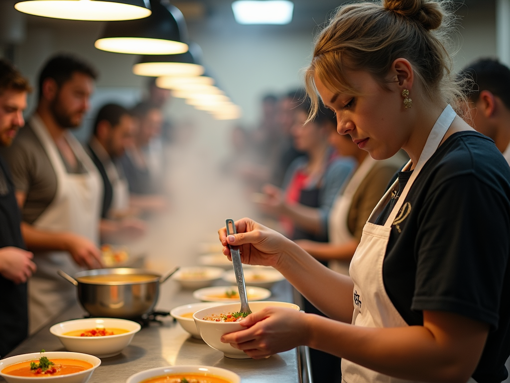 Volunteer serving soup at a community kitchen as civic engagement.