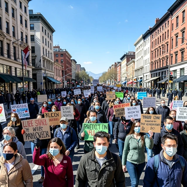 Diverse group of protesters marching peacefully and safely