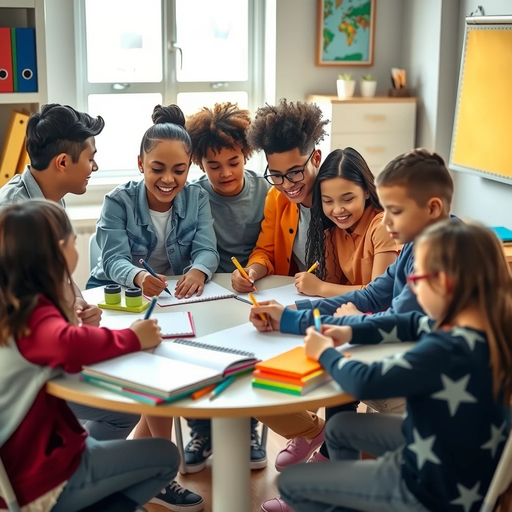 High school students tutoring younger children in a classroom