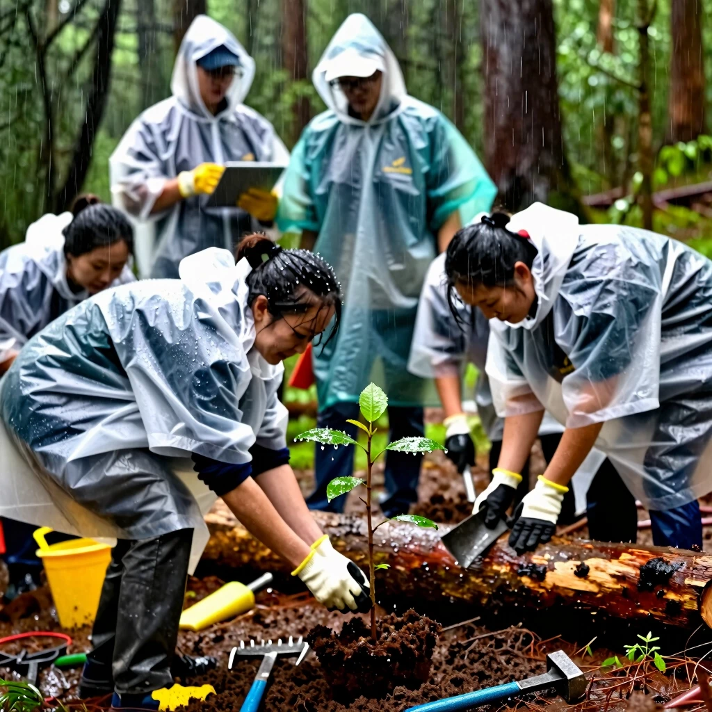 Volunteers planting trees in challenging weather conditions