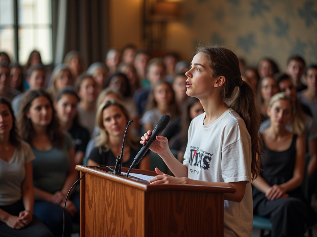 Teenager giving a speech at a community event.