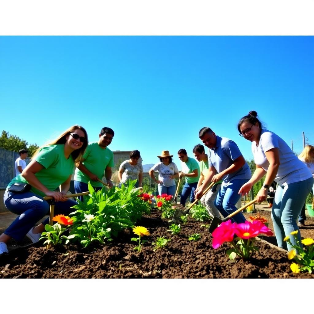 Diverse group of volunteers happily planting flowers and vegetables in a sunny community garden.
