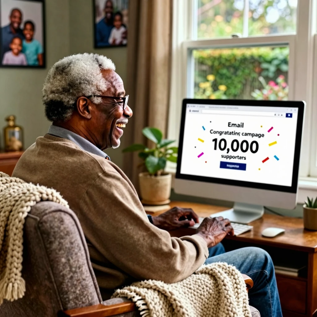 Senior volunteer celebrating the success of his online advocacy efforts