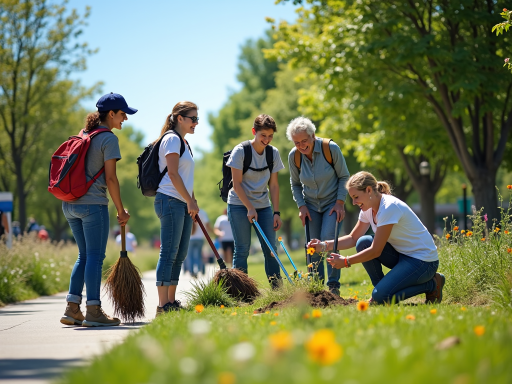 Volunteers cleaning and planting in a park