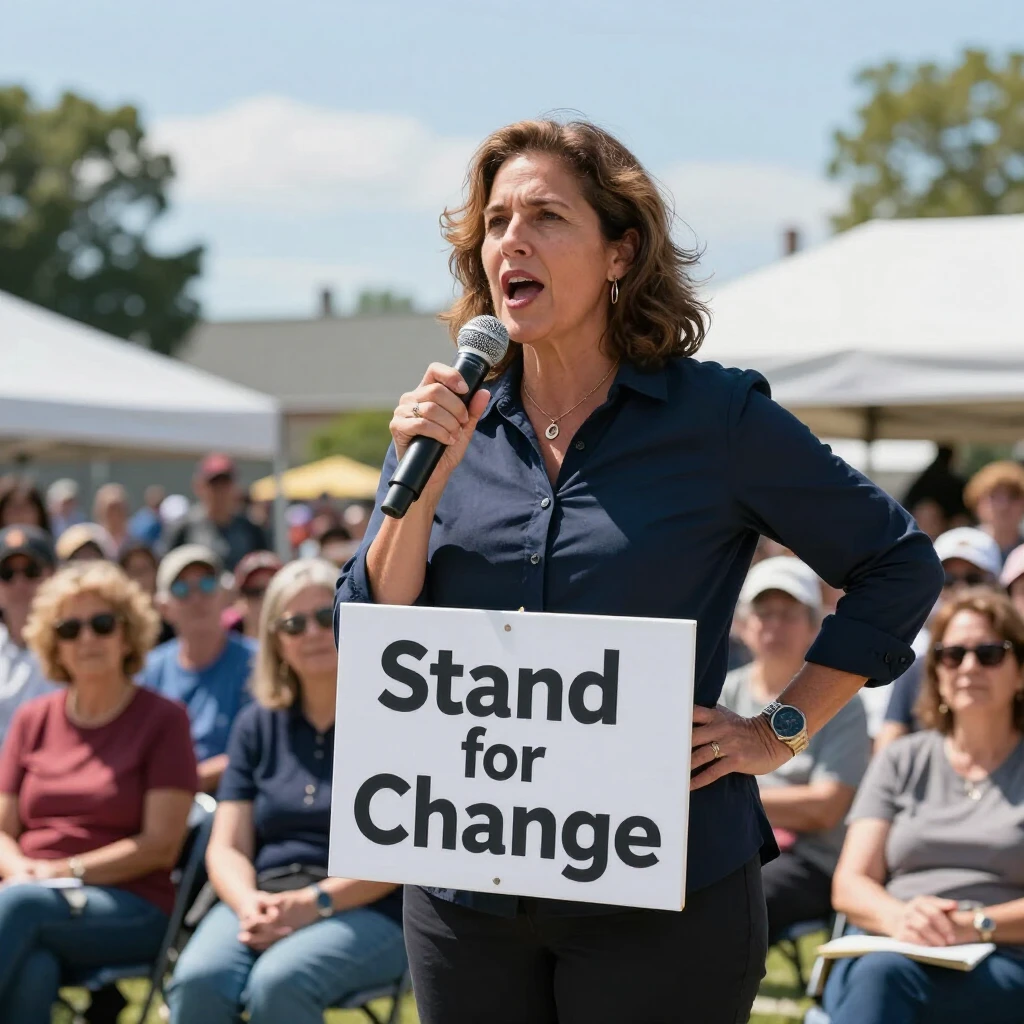 Experienced advocate speaking confidently to a crowd at a community rally