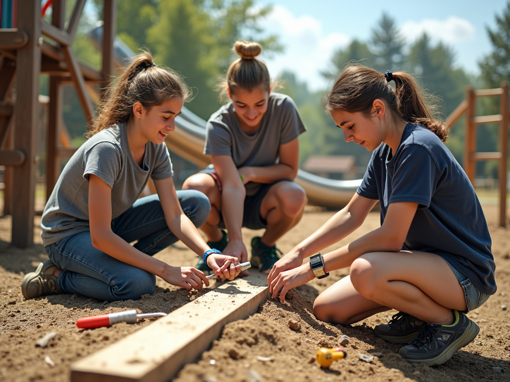 Teens constructing a playground in a service learning effort