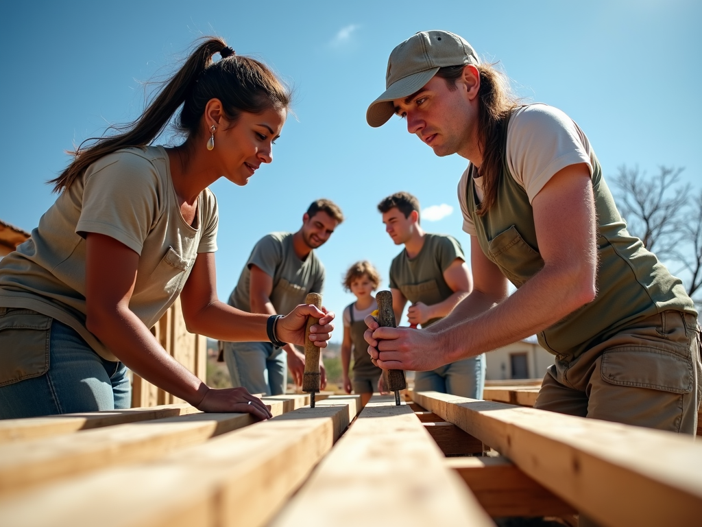Volunteers constructing a home for a family