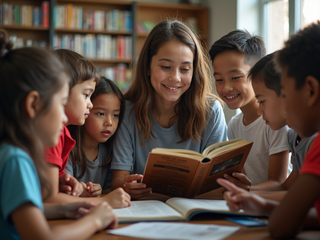 Student reading to children in library