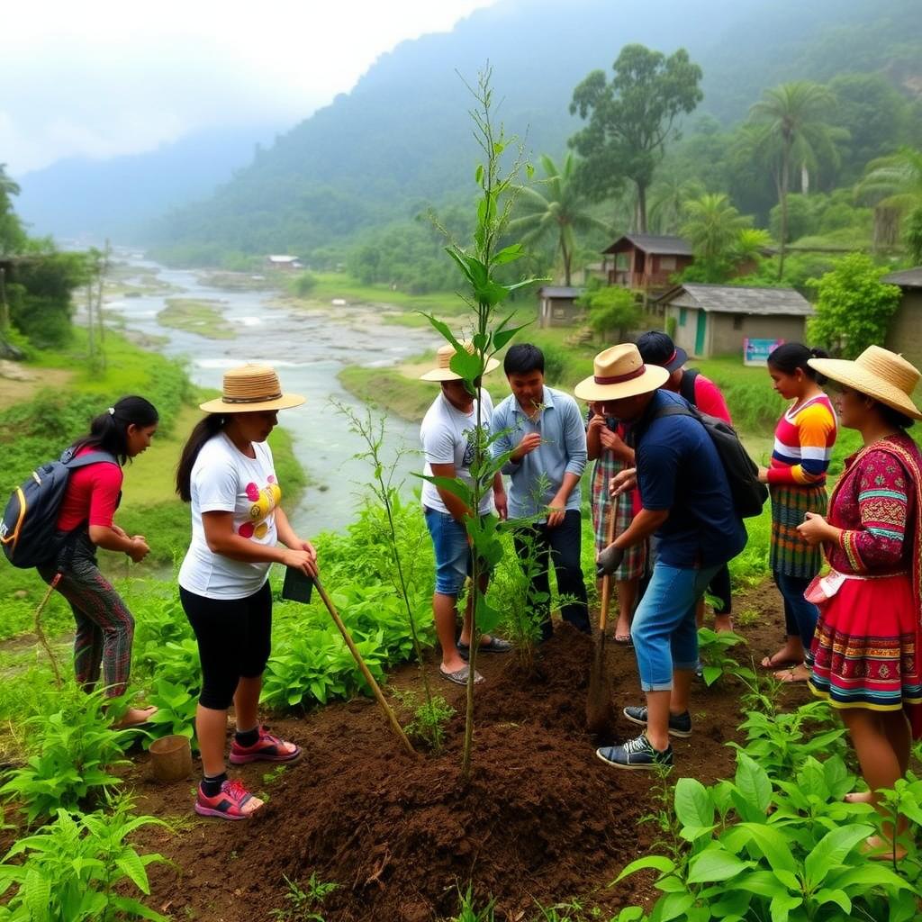Volunteers planting trees with Mayan locals in a Guatemalan village.