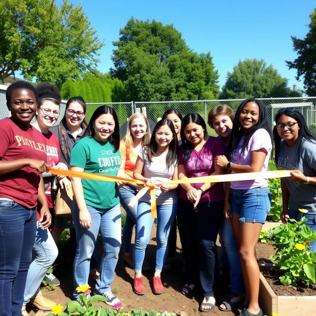 A diverse team of volunteers celebrating the opening of a community garden during a ribbon-cutting ceremony.