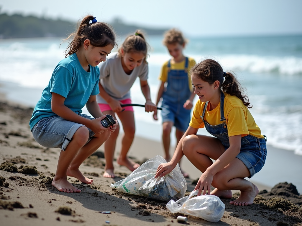 Youth volunteers participating in a beach cleanup
