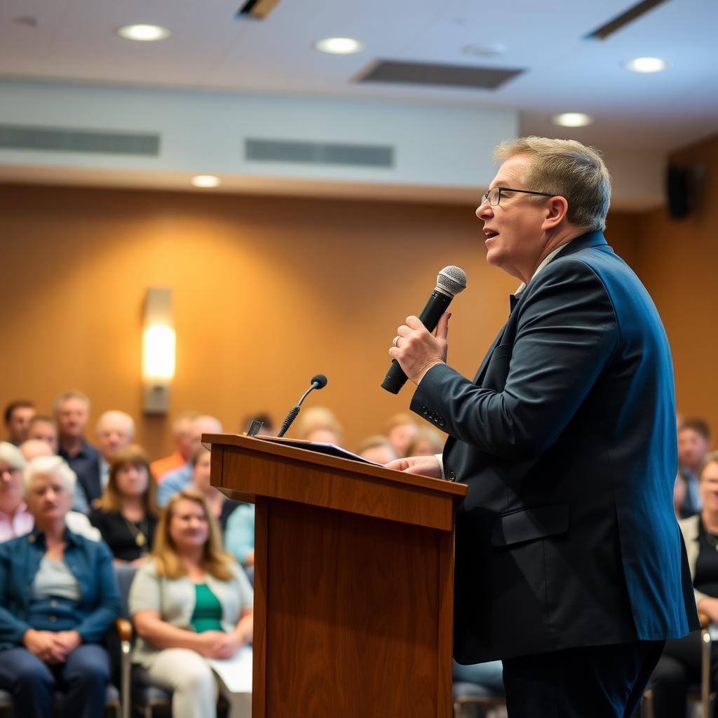 Volunteer advocate speaking at a town hall meeting.