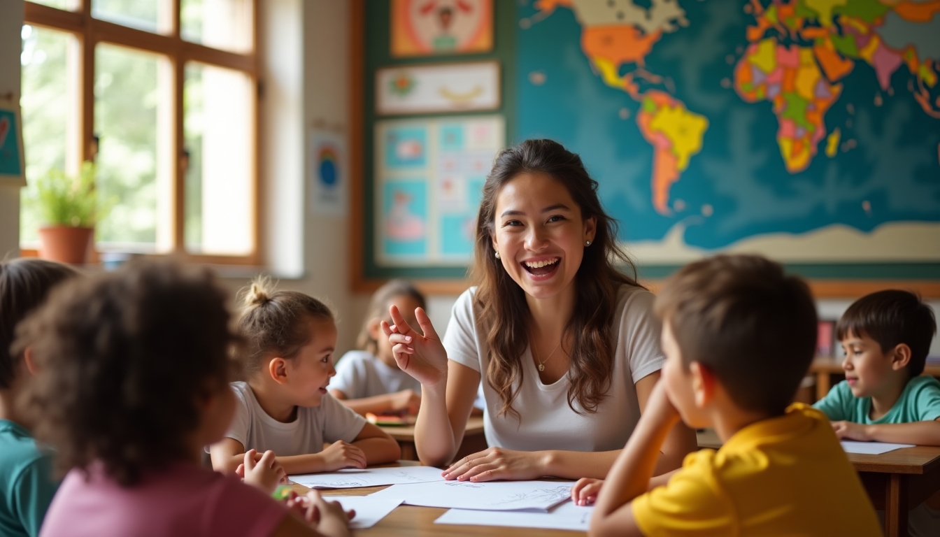 A volunteer teaching children abroad in their classroom.