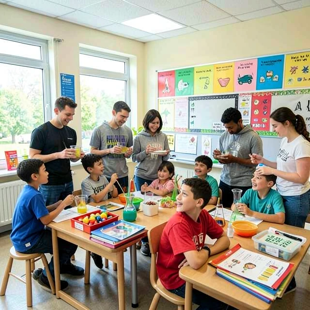 Volunteers in a service learning session with kids
