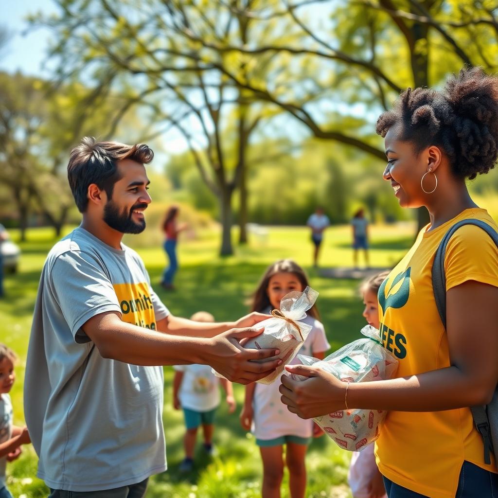 Nonprofit volunteer distributing care packages in a sunny park