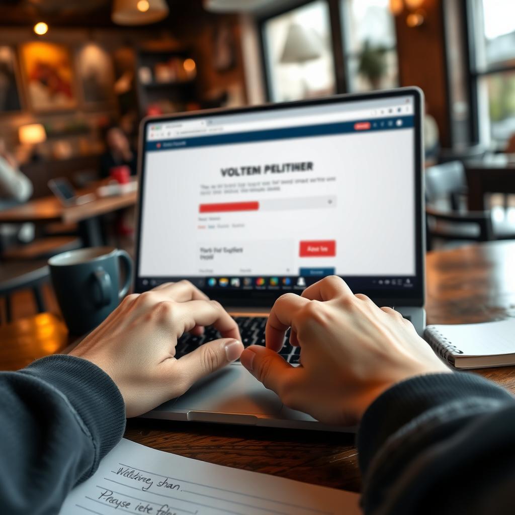 Volunteer’s hands typing on a laptop in a coffee shop, working on an advocacy petition.