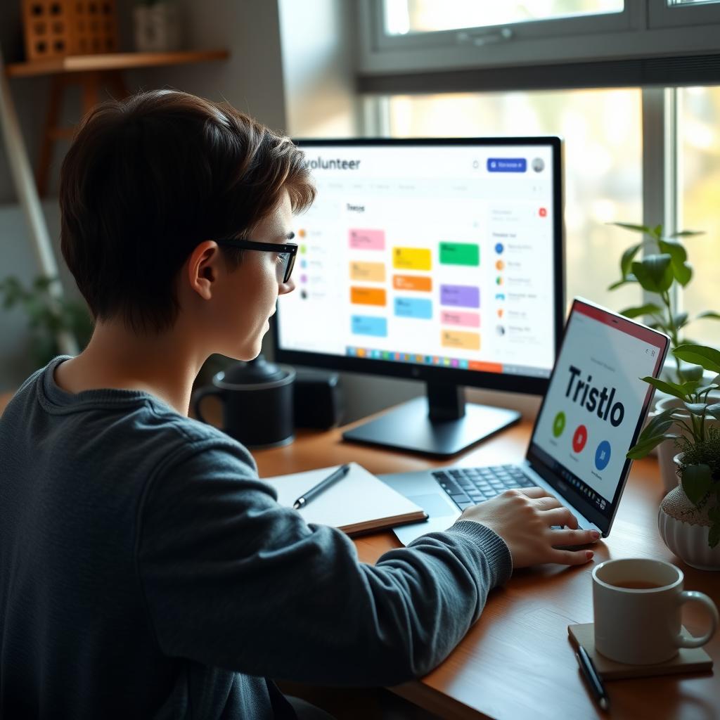 Volunteer working at a desk, managing tasks on a Trello board displayed on a laptop