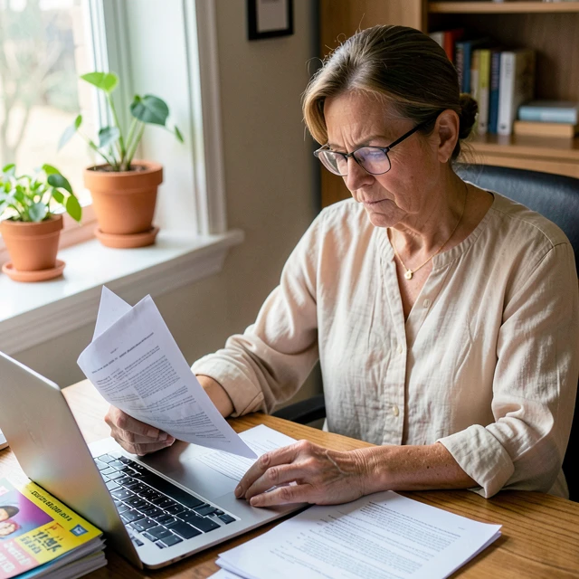 Advocacy volunteer researching policy documents at home