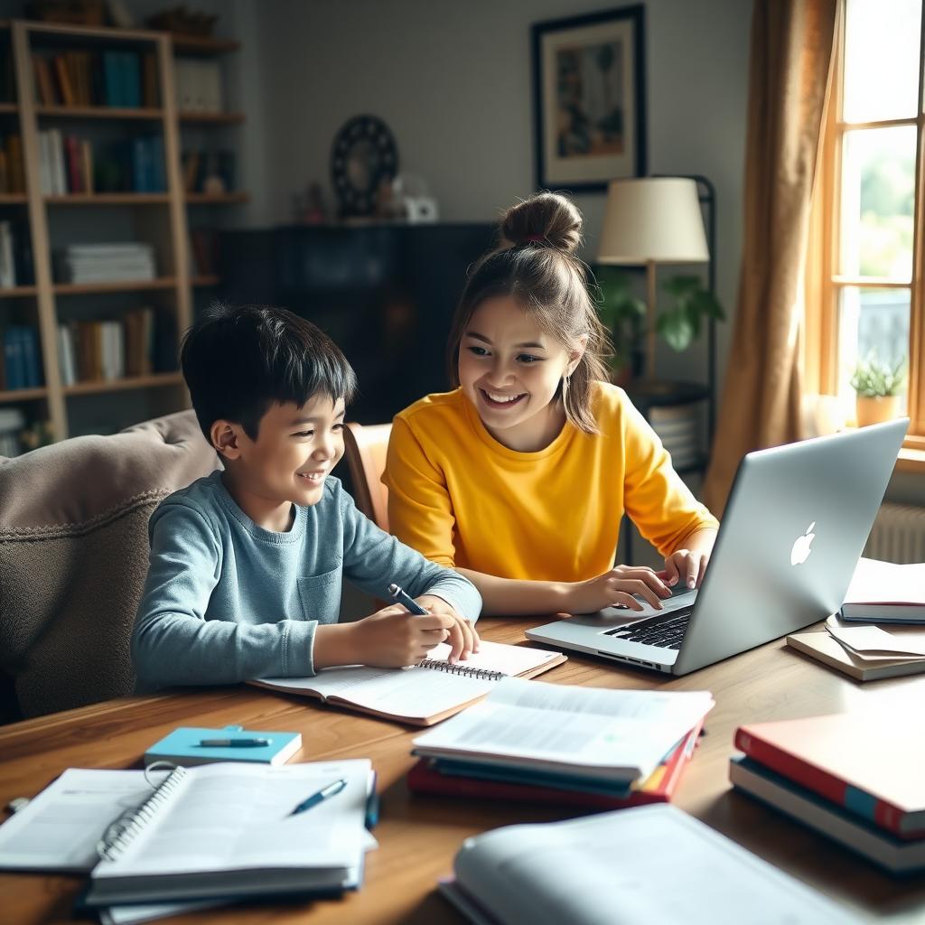 Volunteer tutoring a student online in a cozy home setting.
