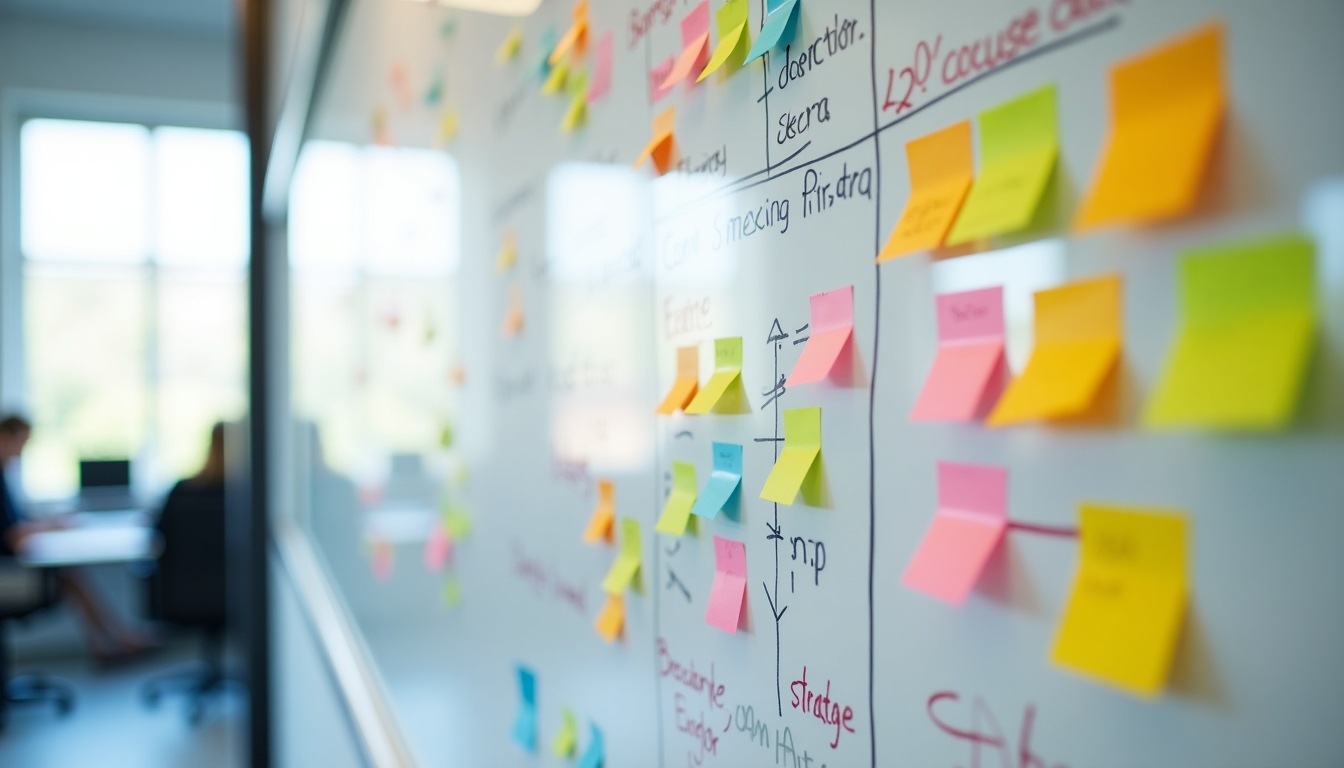 A whiteboard filled with colorful post-it notes and ideas