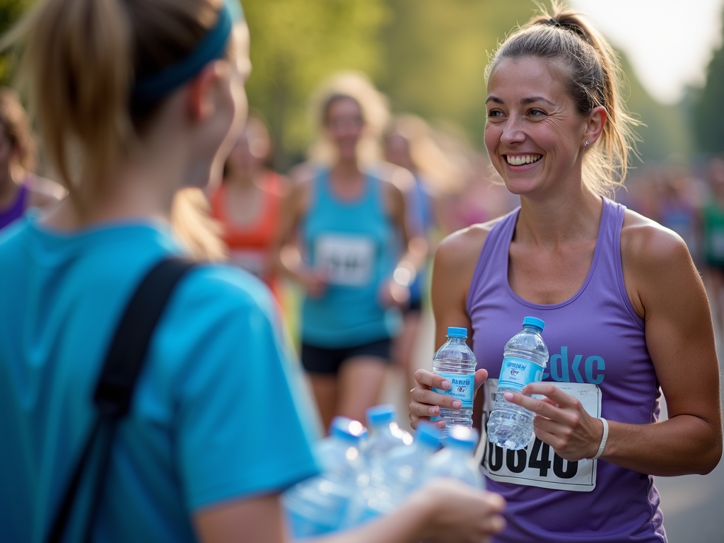 Volunteer supporting a runner at a charity event.