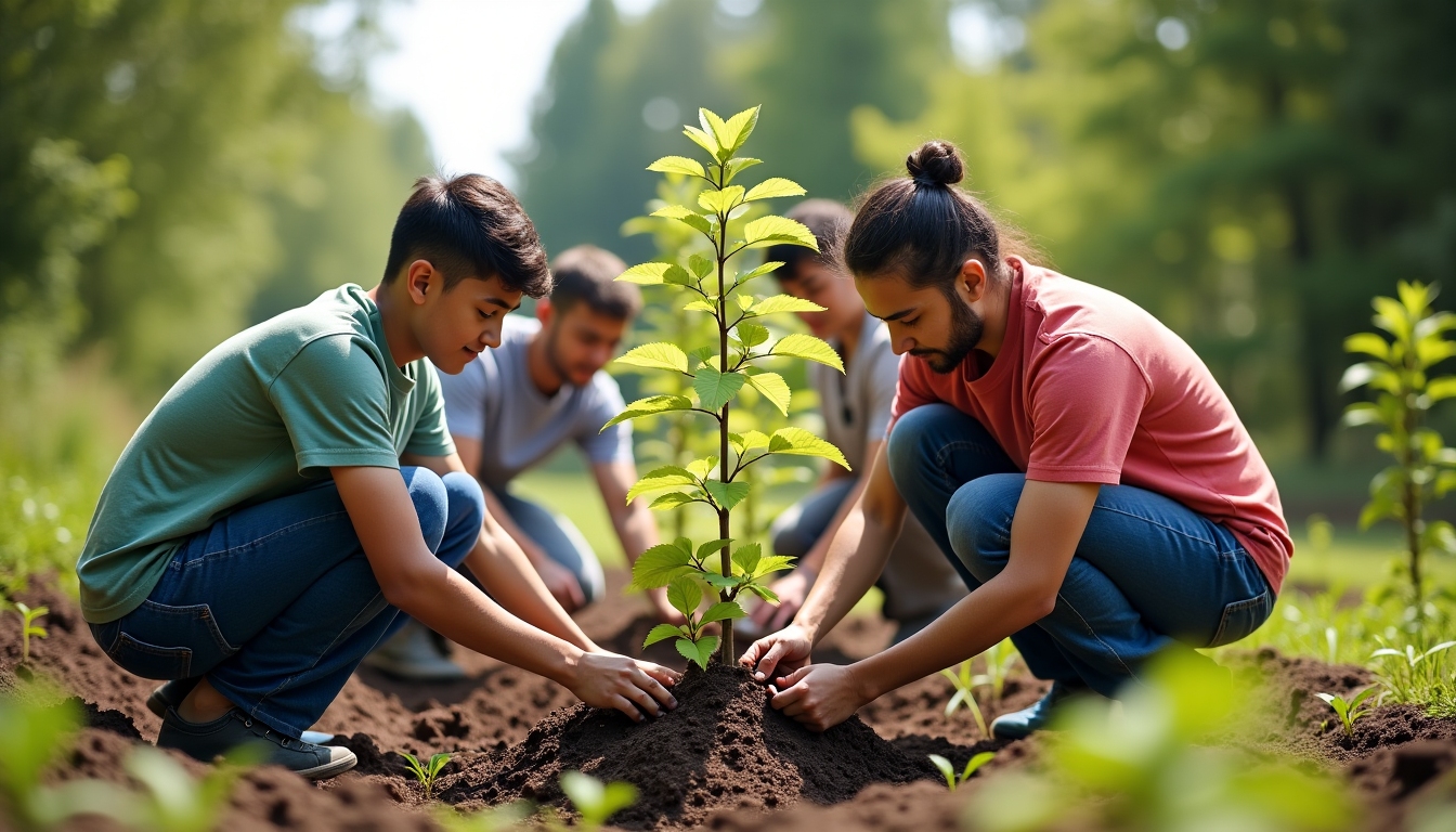 Volunteers performing community service, planting trees in a park on a sunny day.