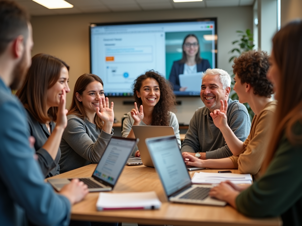 A team of online volunteers connecting via video call.