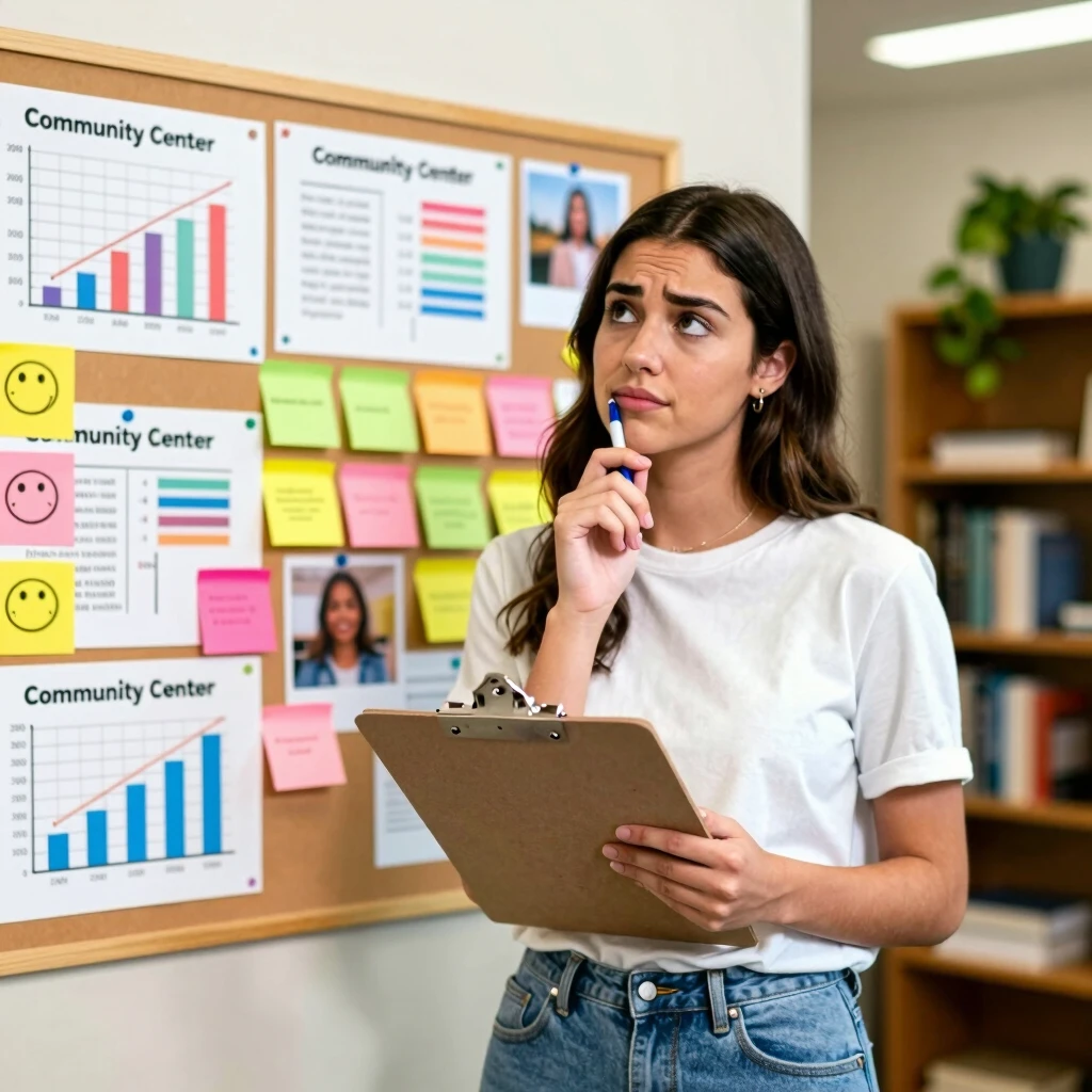 Woman reviewing community project metrics on a bulletin board