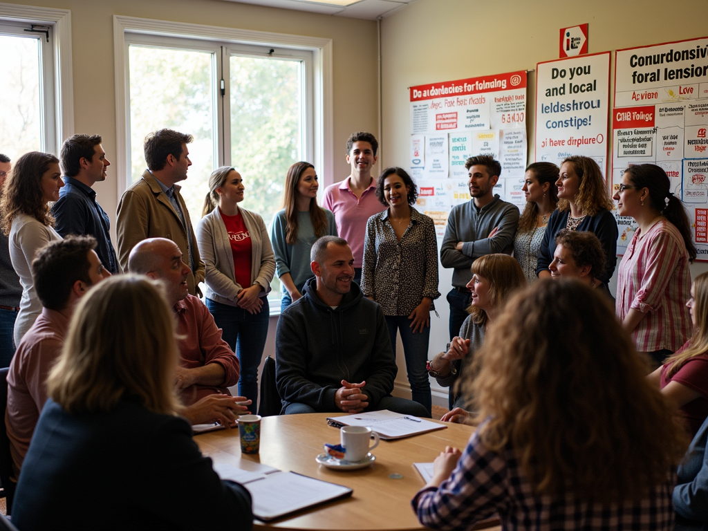 Community members discussing advocacy efforts in a meeting
