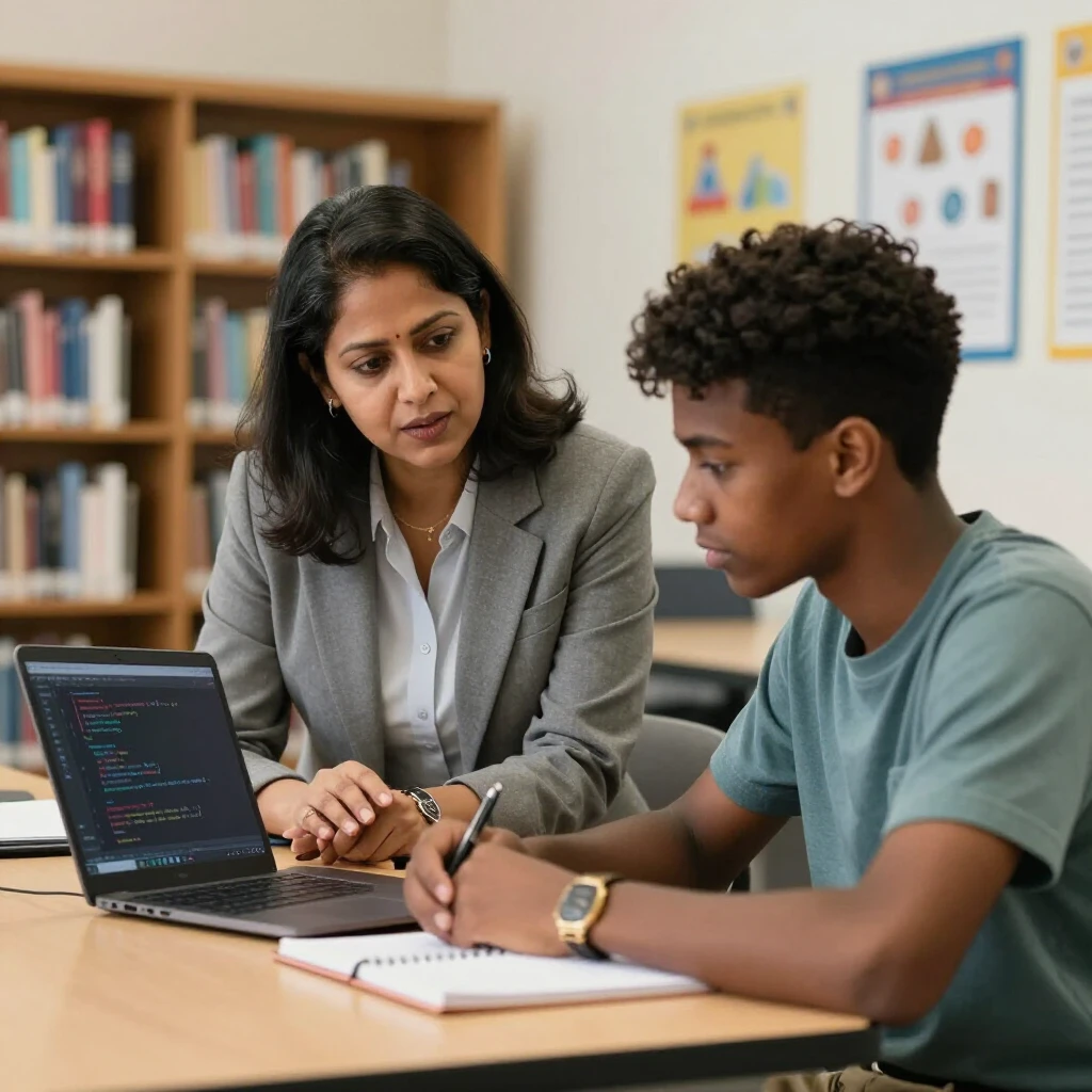 An engineer mentoring a high school student in coding as part of skill-based volunteering