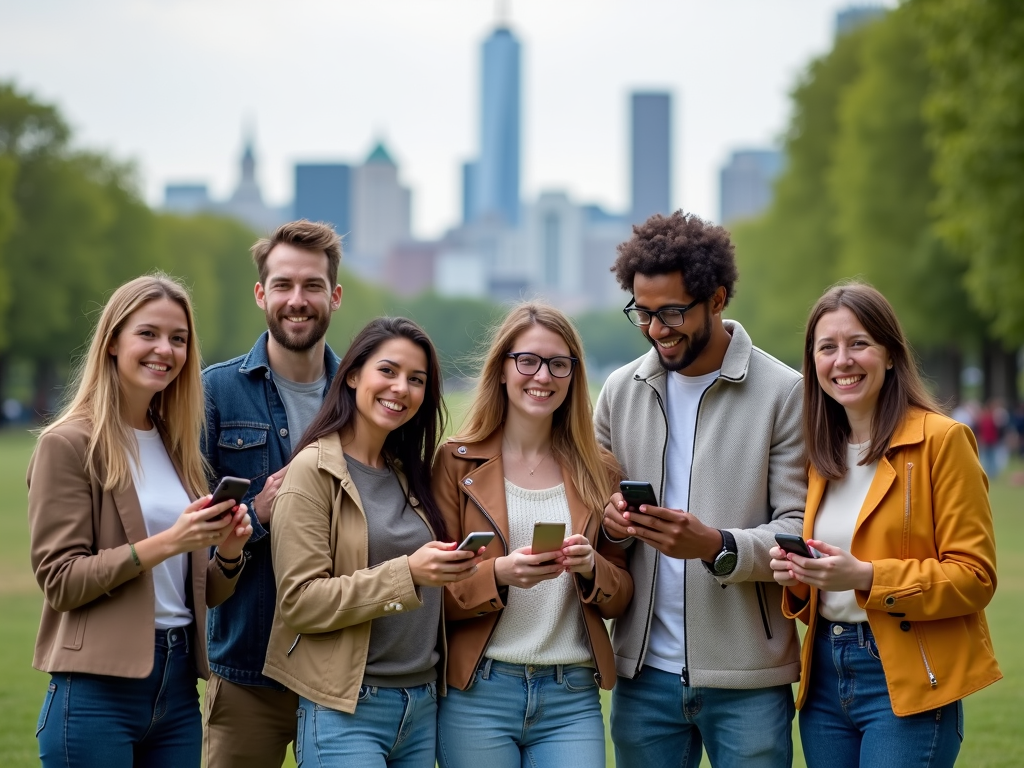 Diverse group using smartphones for social media advocacy