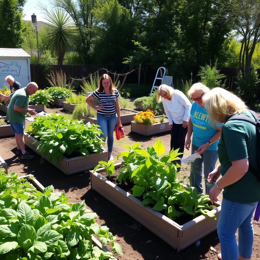 A lush community garden bursts with color and life. Volunteers of all ages tend to vegetable patches and flower beds, chatting and laughing as they work. In the background, a mural painted by local artists adds vibrancy to the scene.